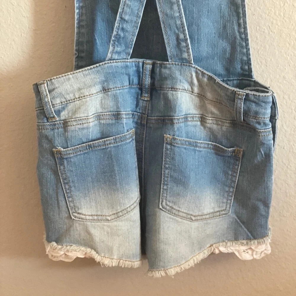 Cherokee Lace Trim Stretch Denim Overall Shorts​​​​​​​​​